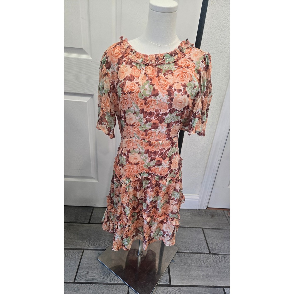 Easel Los Angeles Floral Open Back Ruffle Mini‎ Dress Peach Orange Green Medium